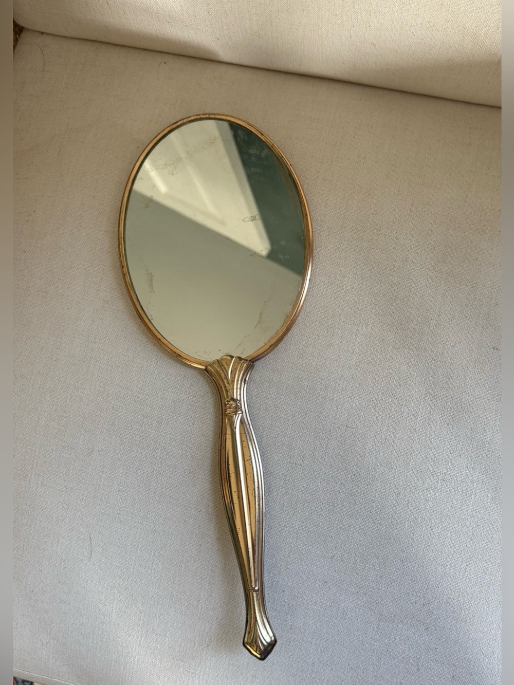 Vintage Oval Ornate Hand Mirror Floral Back Metal & Approx 13 in Long